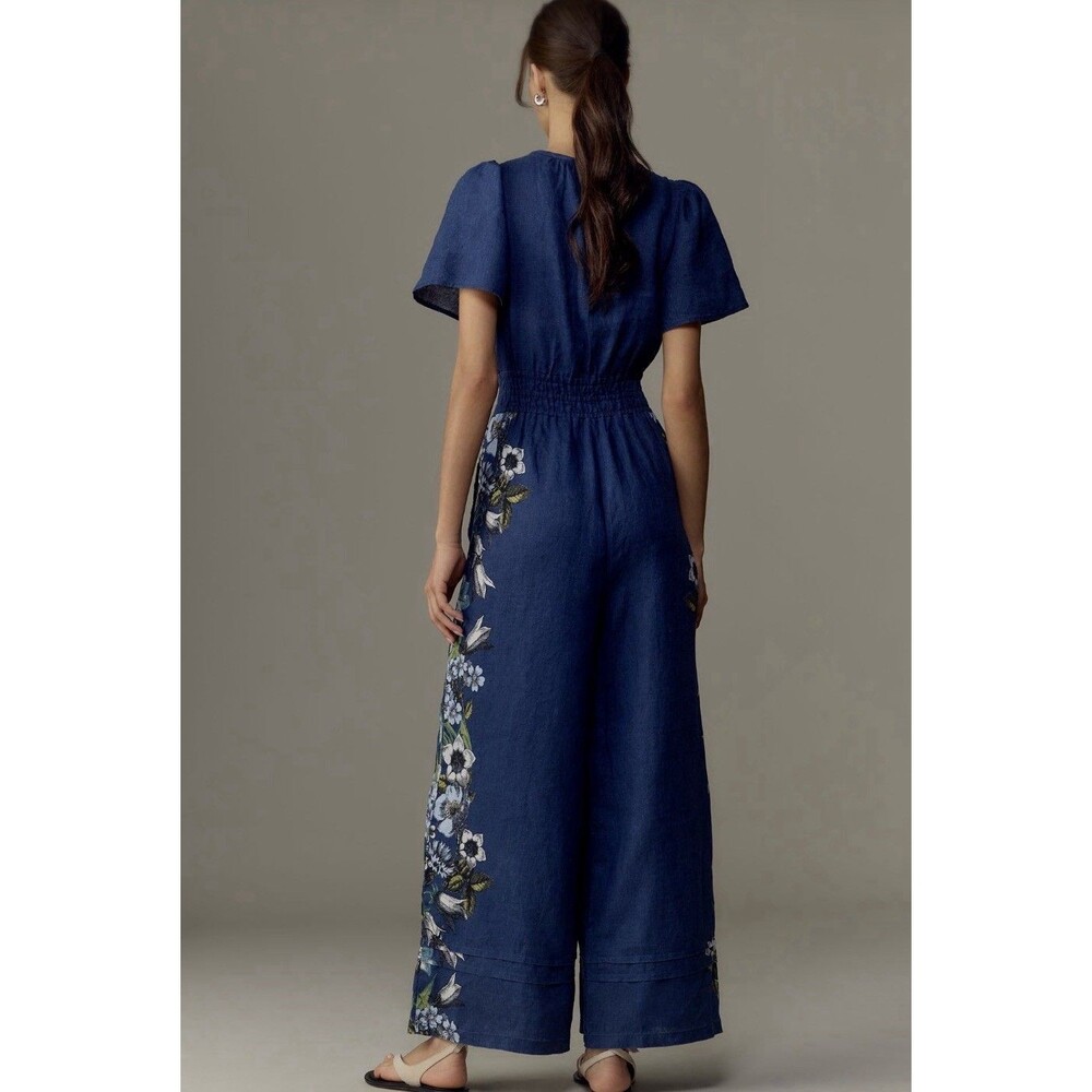 Anthropologie Jumpsuit Somerset Linen Blue Floral Retro Boho Preppy Medium NWT - Picture 5 of 14